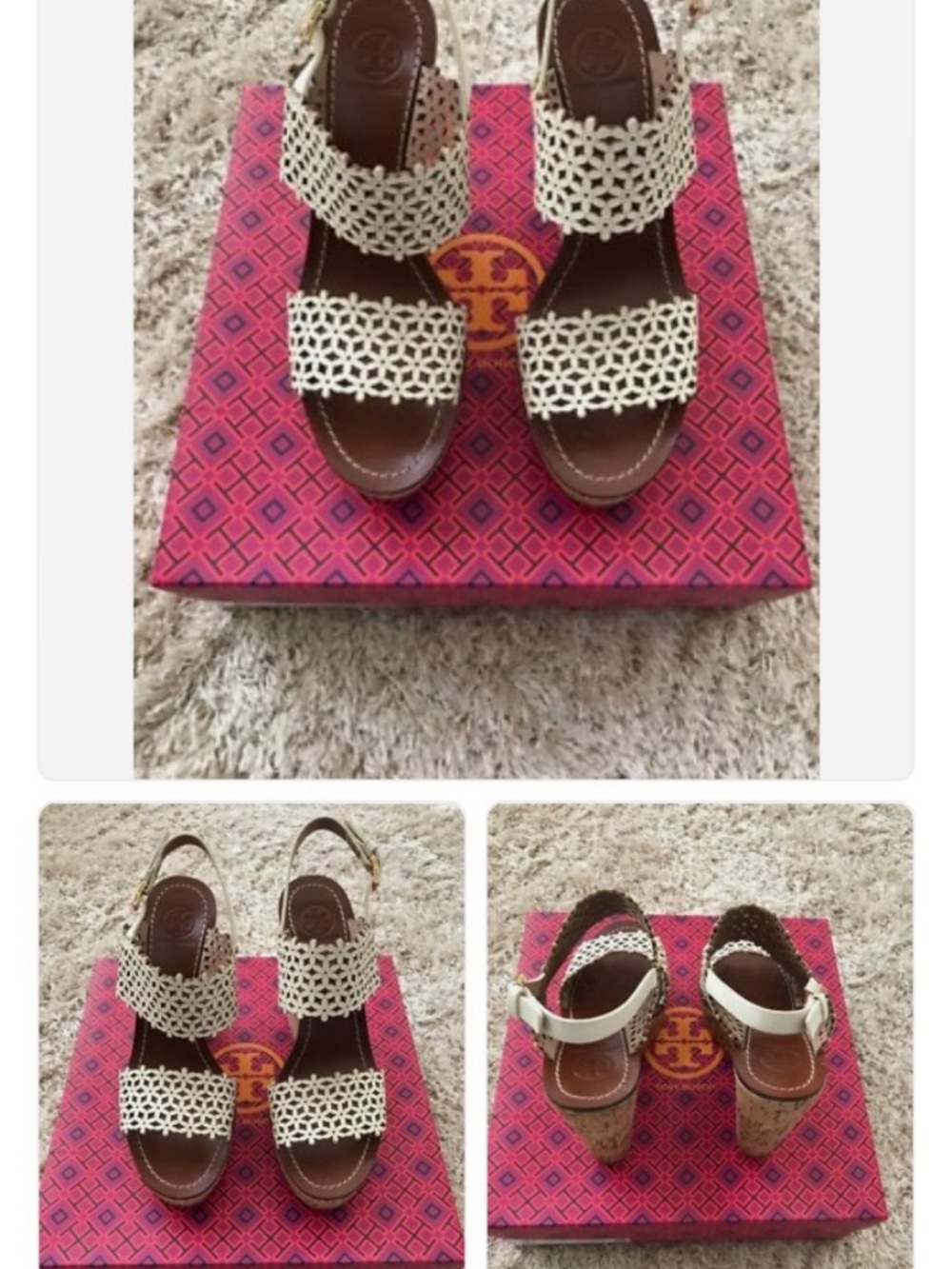 Tory Burch Women Cream Laser-Cut Cork Wedge Sandals. 11